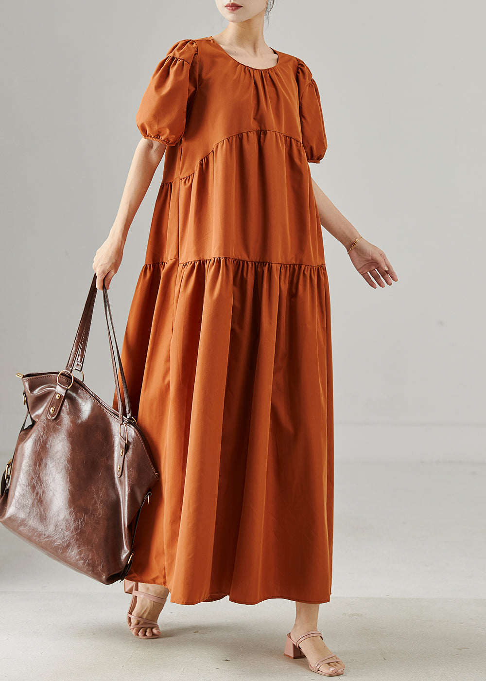 Caramel Oversized Patchwork Cotton Long Dresses Puff Sleeve