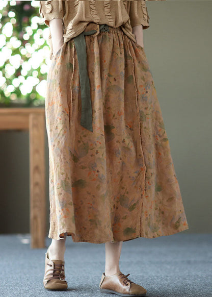 Khaki Patchwork Sashes Linen Skirt Summer