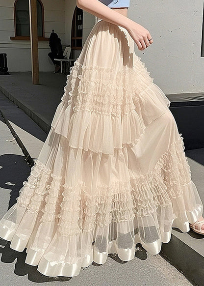 Apricot Ruffled Elastic Waist Tulle Maxi Skirts Summer