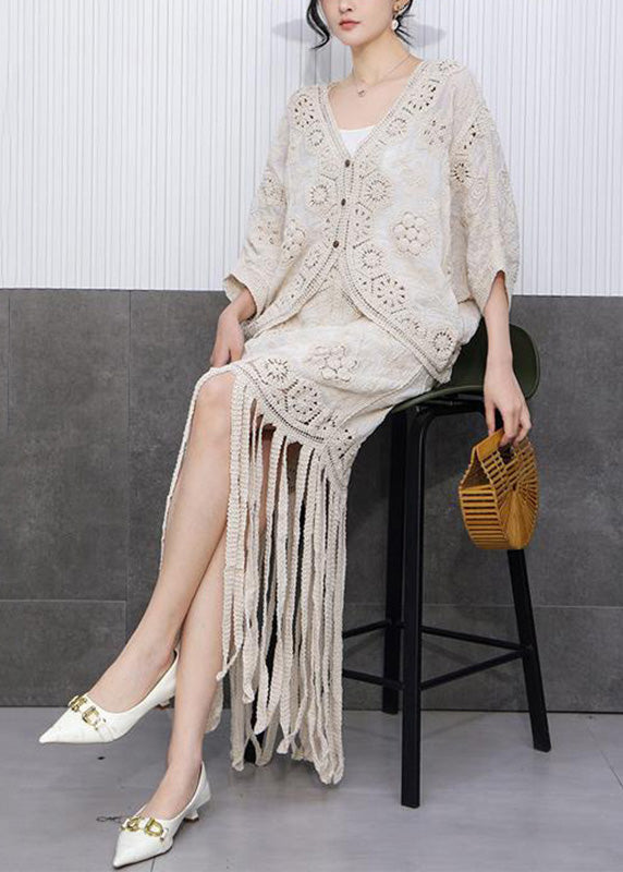 Beige Hollow Out Tassel Knit Cardigans and Maxi Skirts Two Pieces Set Fall