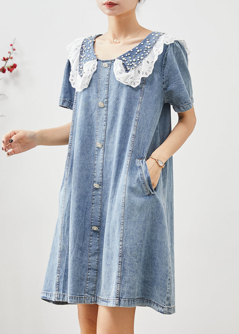 Blue Peter Pan Collar Nail Bead Denim Vacation Dress Summer