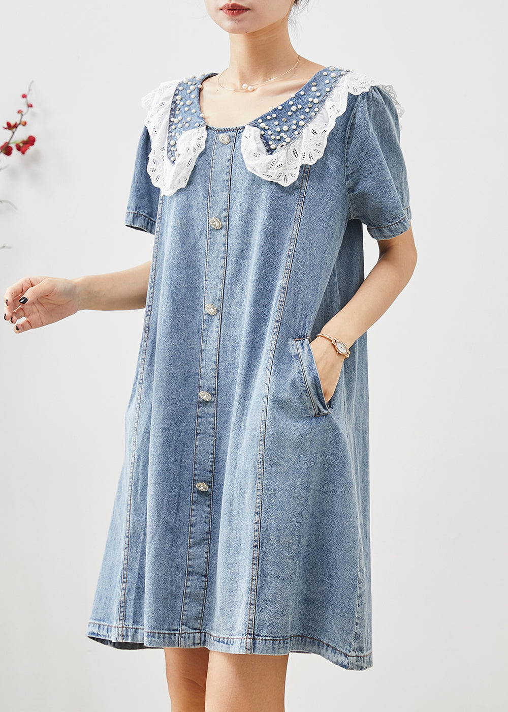 Blue Peter Pan Collar Nail Bead Denim Vacation Dress Summer