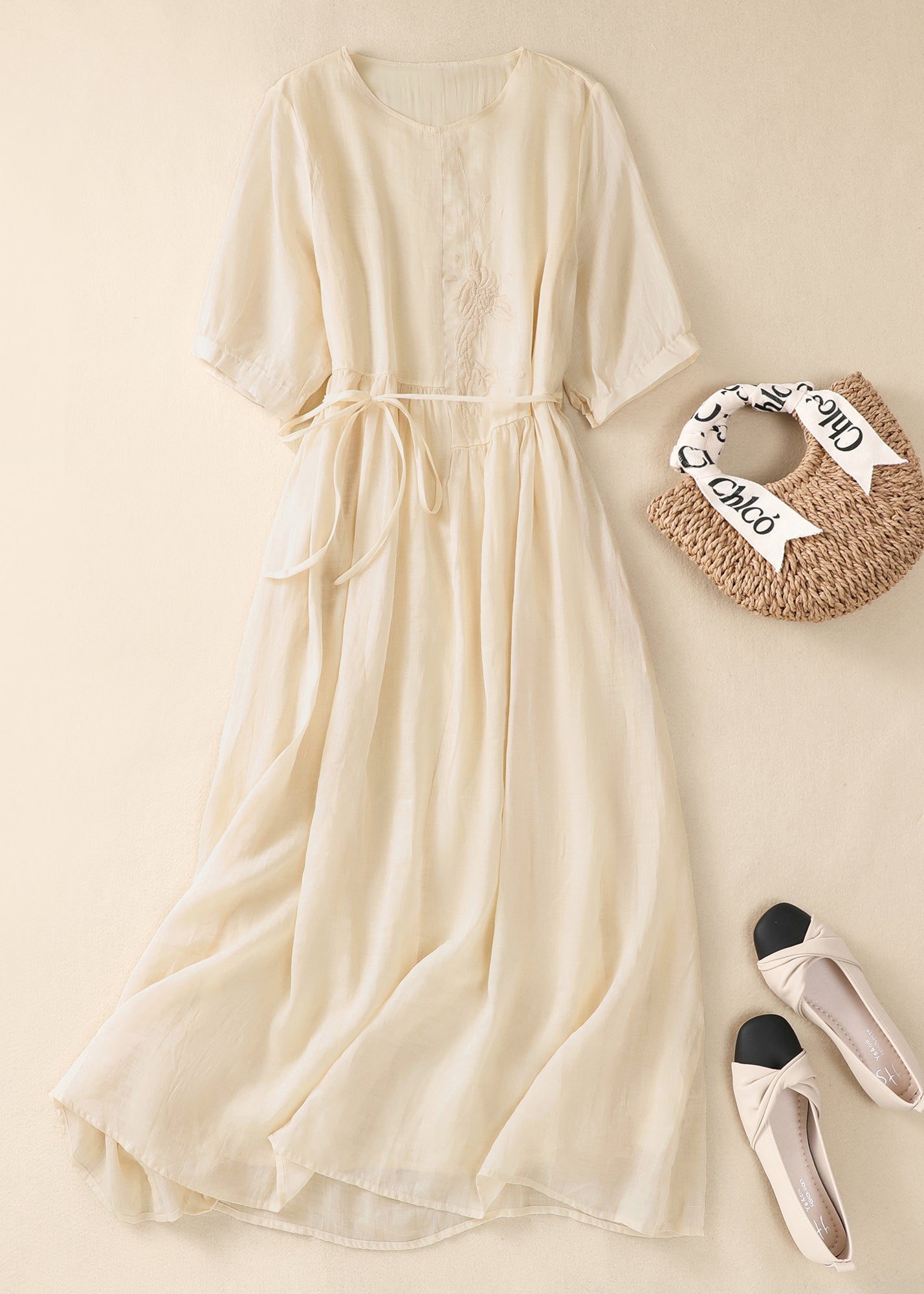 Chinese Style Green O-neck Embroidered Tie Waist Cotton Dresses Summer