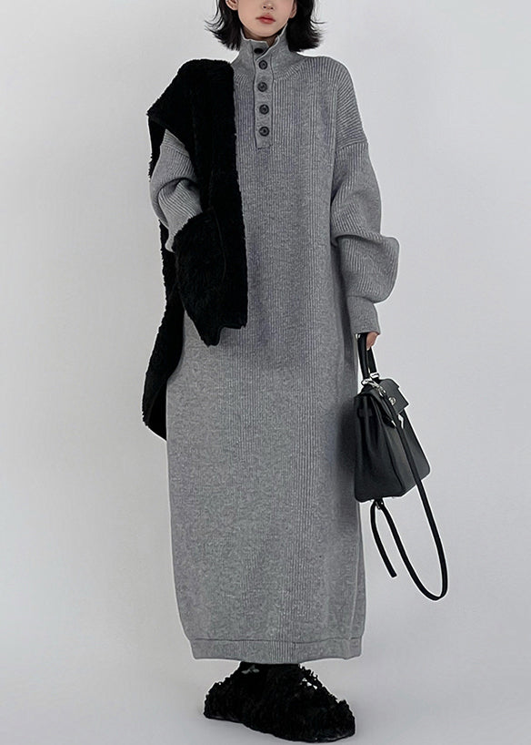 Grey Hign Neck Button Long Knit Sweaters Dress Winter