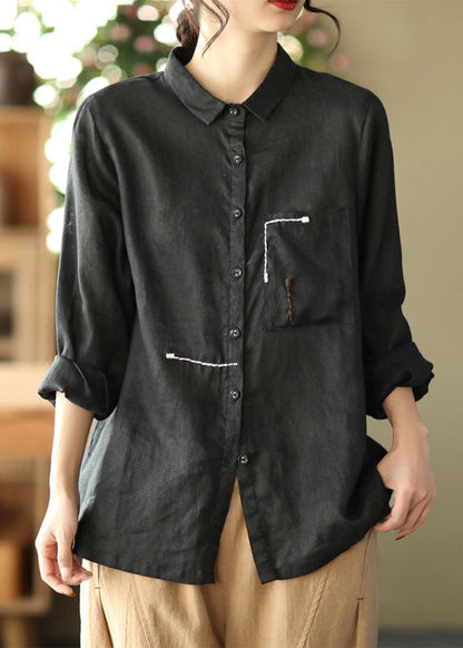 Black Peter Pan Collar Patchwork Linen Blouses Spring