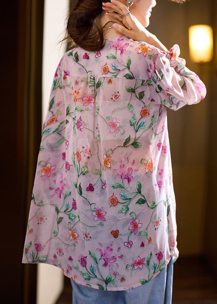 Pink O Neck Print Loose Chiffon Blouse Top Fall