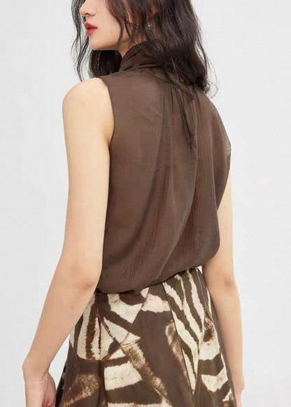 New Coffee Turtleneck Lace Up Cotton Top Sleeveless