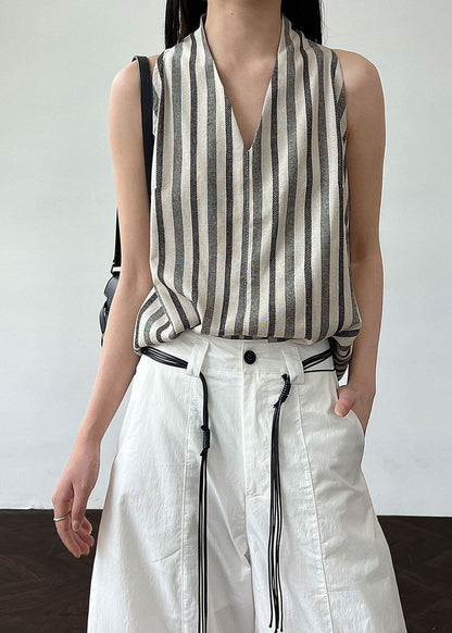 Black V Neck Striped Cotton Top Sleeveless