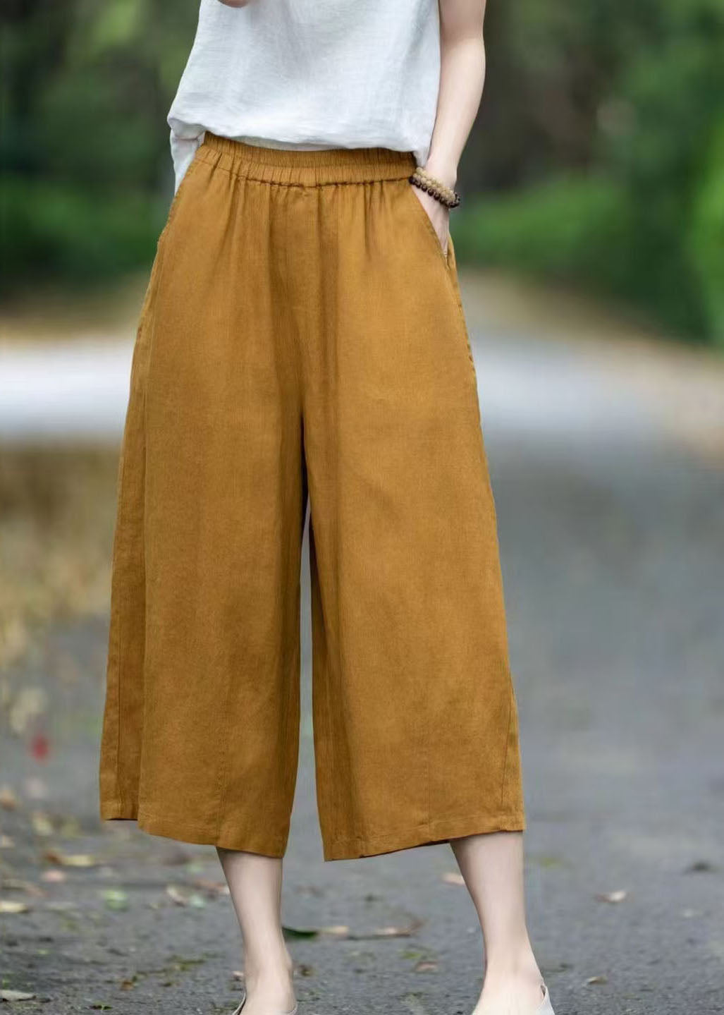Yellow Oversized Pockets Linen Pants Summer