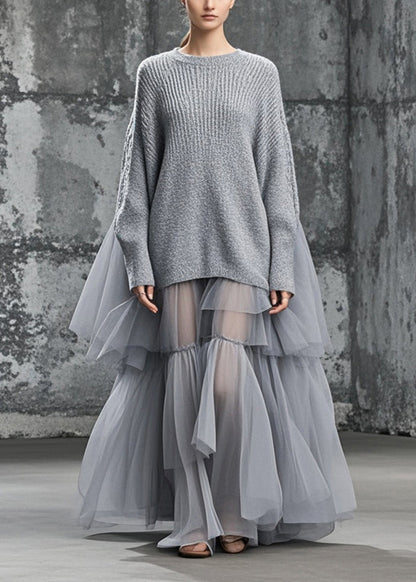 Grey Oversized Patchwork Tulle Sweater Dress Fall