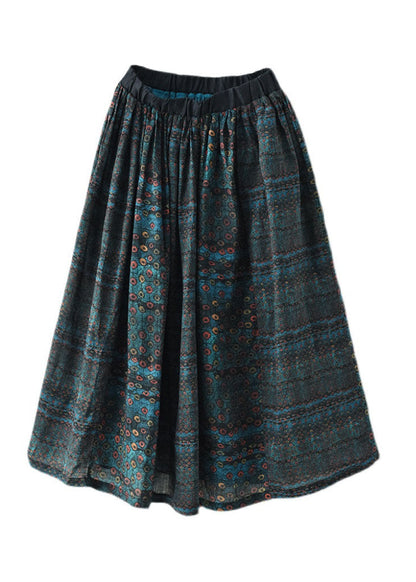 Blue Elastic Waist Print Patchwork Linen Skirts Summer