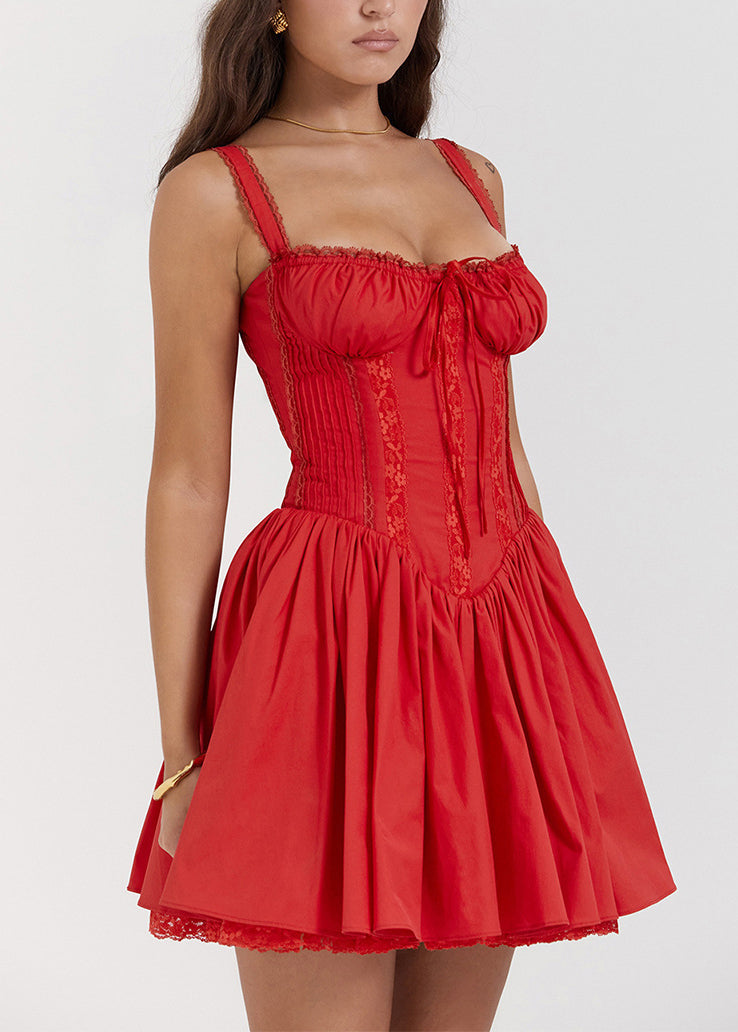 European and American Style Red Wrinkled Lace Patchwork Suspender Dress