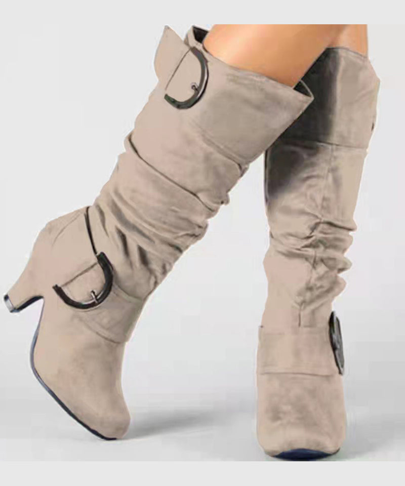 American Style Red Zippered Splicing Chunky Suede Boots Pointed Toe
