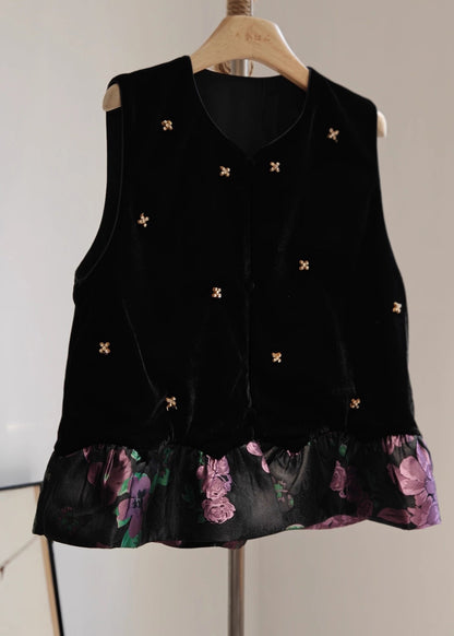 Black O-neck Patchwork Silk Velour Waistcoat Sleeveless
