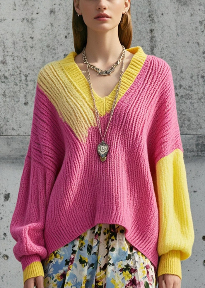 Rose V Neck Cozy Knit Loose Sweater Fall