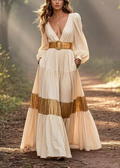 White Deep-v Neck Patchwork Cotton Ankle Dress Spring