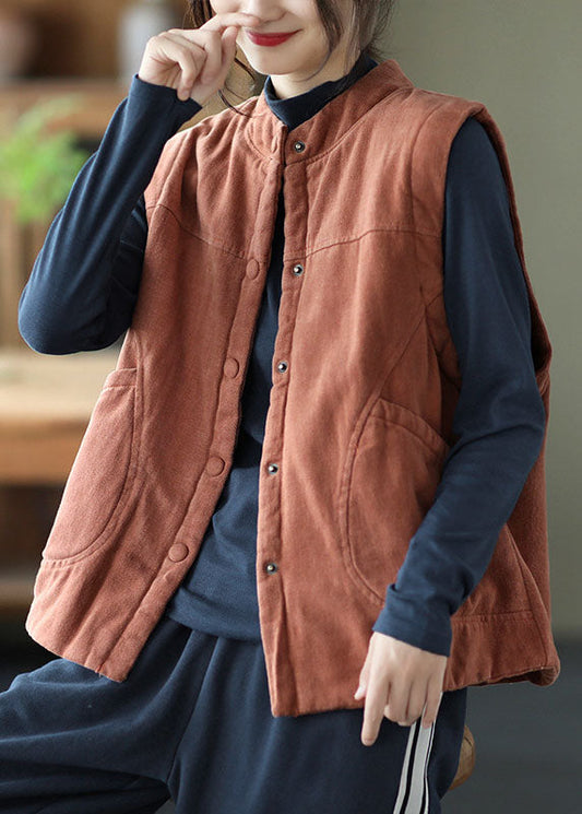Orange Stand Collar Button Pockets Winter Sleeveless Waistcoat