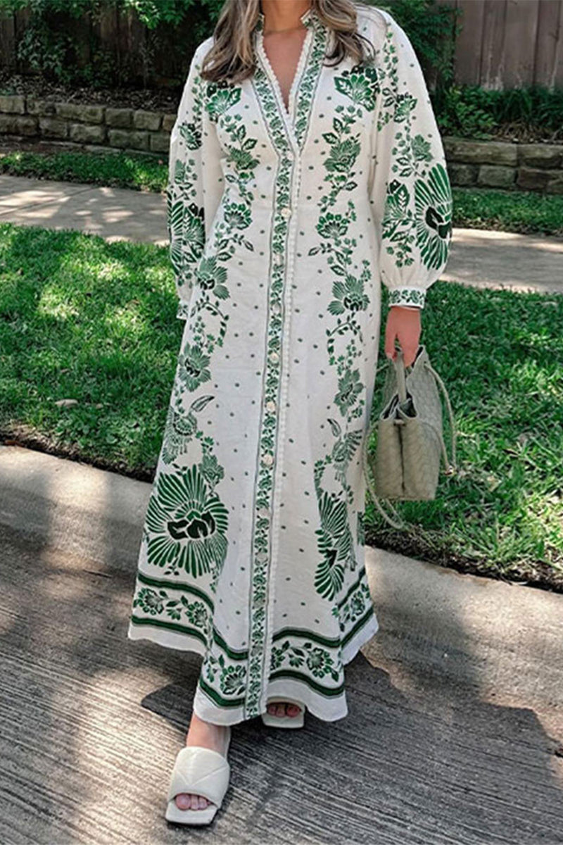 Vacation Print Buckle V Neck Long Sleeve Dresses