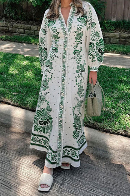 Vacation Print Buckle V Neck Long Sleeve Dresses
