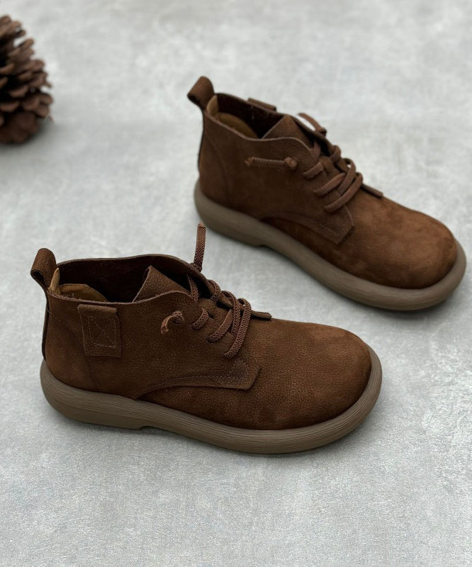Grey Comfortable Cowhide Leather Splicing Lace Up Boots