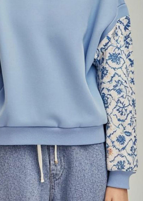 Blue O Neck Print Patchwork Cotton Pullover Sweatshirt Fall