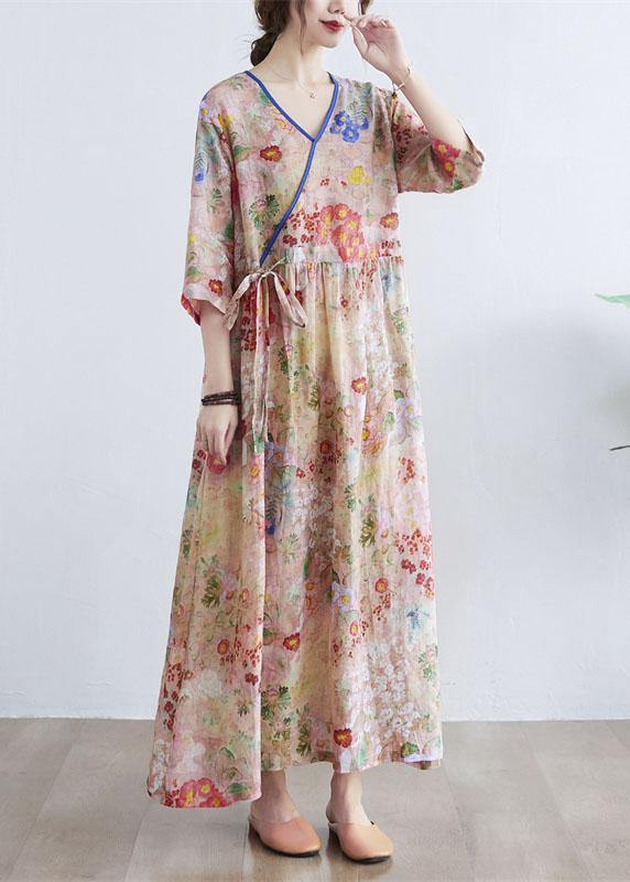 Simple Print V Neck Summer Tie Waist Long Dresses Half Sleeve