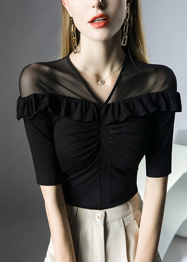 Italian White V Neck Ruffled Patchwork Tulle Top Summer