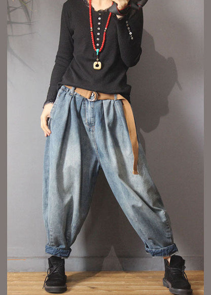 Loose Blue Retro Pockets Button Lantern Fall Denim Pants