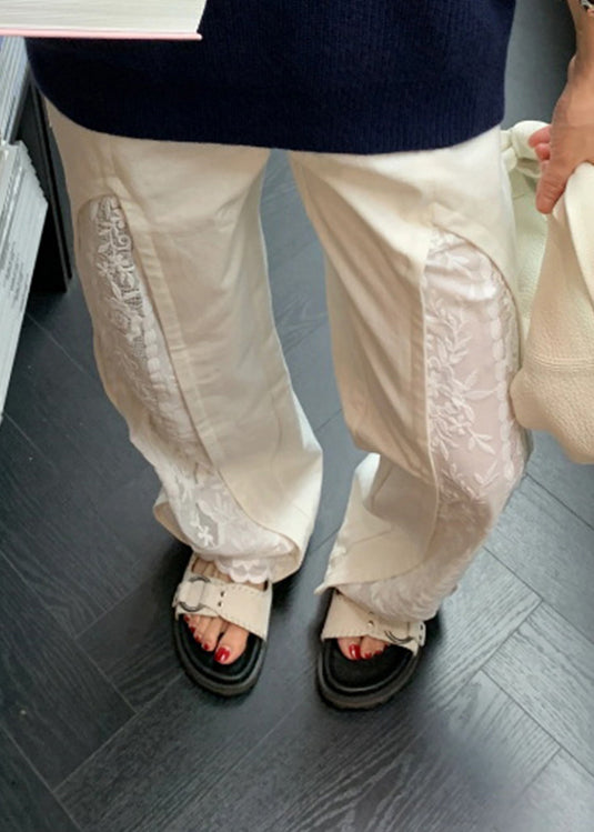 White Pockets Lace Patchwork Cotton Pants Summer