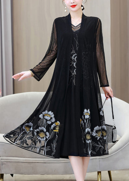 French Black V Neck Embroideried Ice Silk Long Sunscreen Cardigans Summer