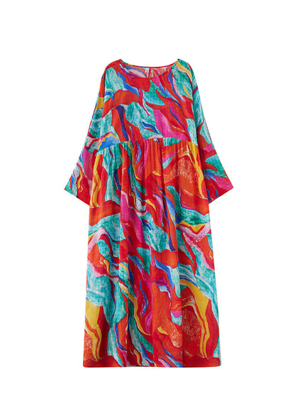 Holiday Style Red O-neck Print Loose Cotton Long Dress Summer