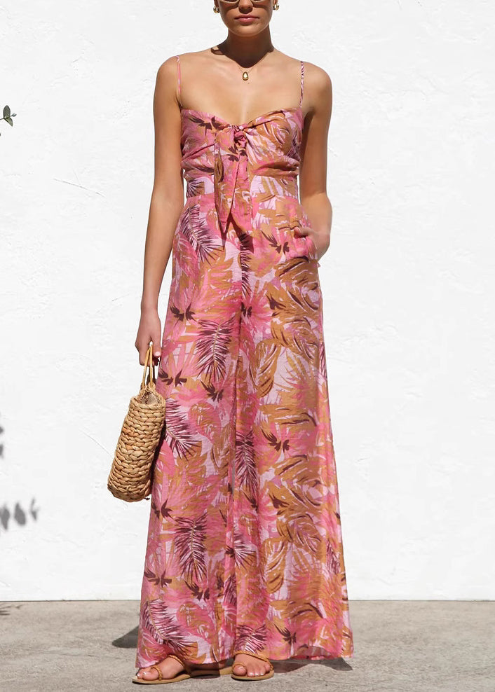 Red Print Cotton Spaghetti Strap Jumpsuit Summer