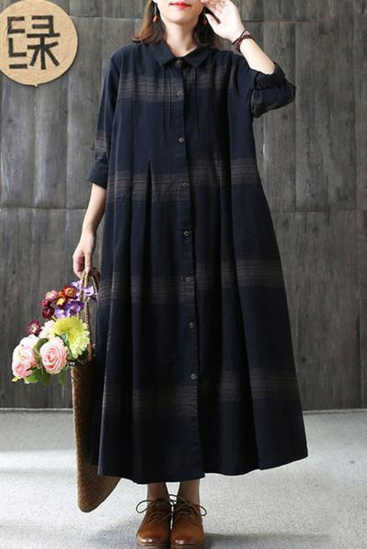 - Linen Plaid Dress Loose Long Sleeve Dress
