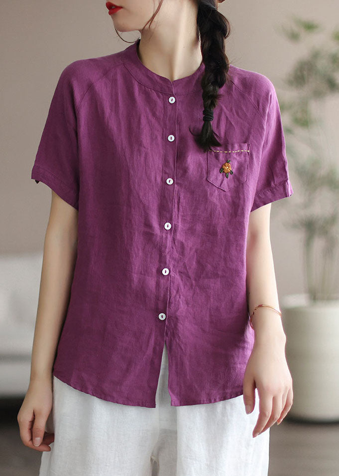 Purple Embroidered Patchwork Linen Blouse Top Summer