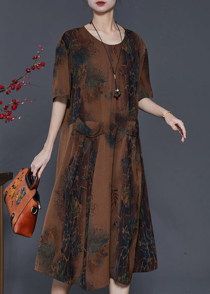 Stylish Coffee Oversized Print Pockets Silk Maxi Dresses Summer