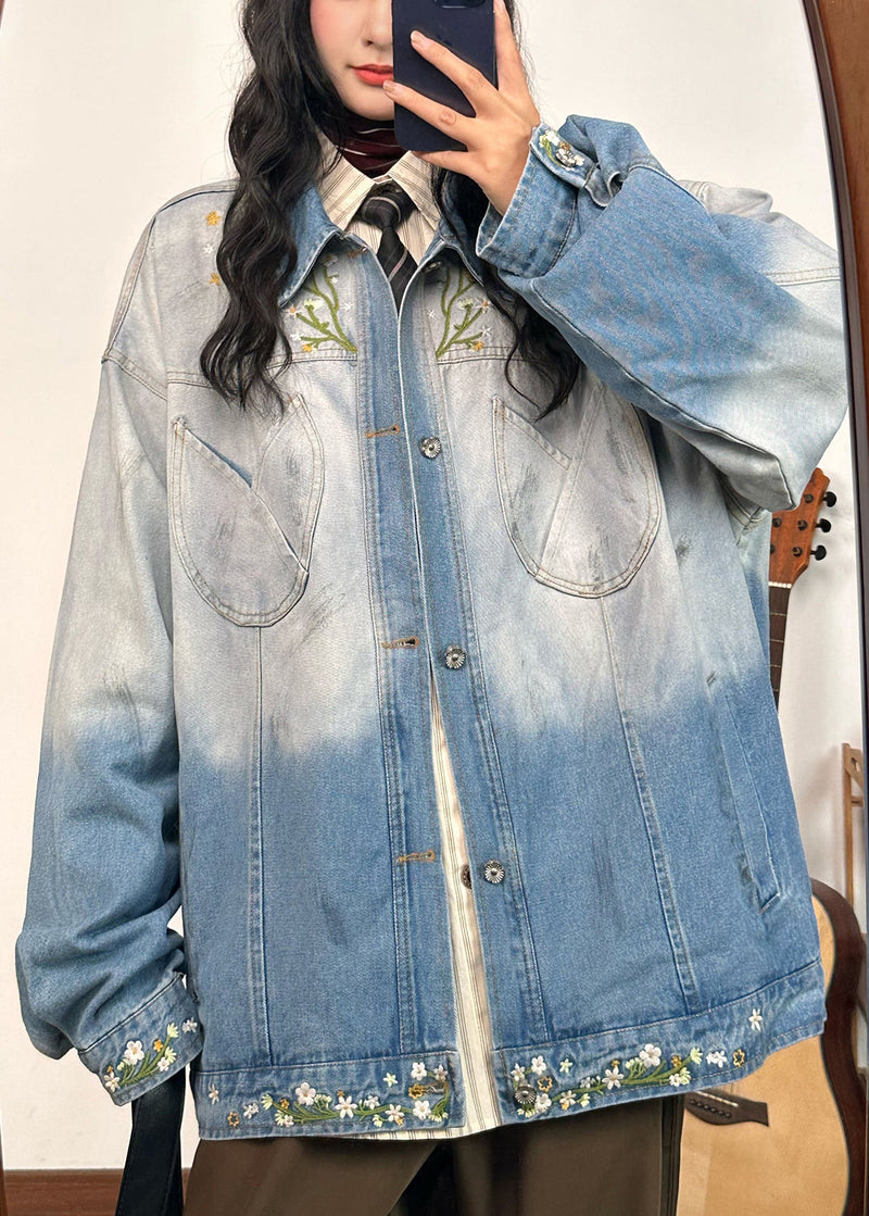 Gradient Color Embroidered Pockets Denim Coats Fall