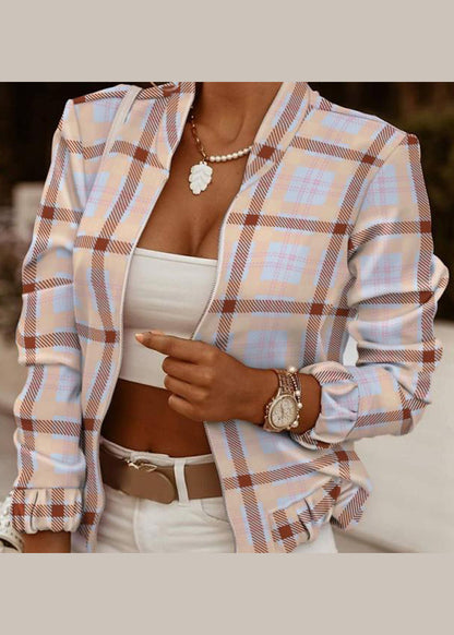 Red Zip Up Print Short Coat Long Sleeve