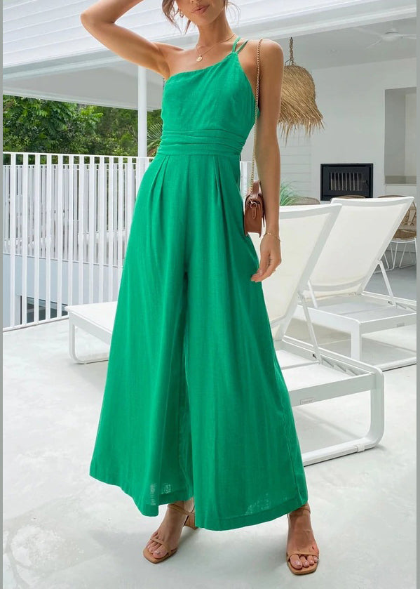 Stylish Green Cold Shoulder Backless Cotton Jumpsuit Summer