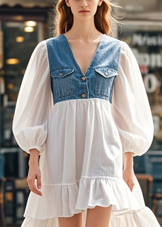White Puff Sleeve Patchwork Denim Low High Design Cotton Dress Spring