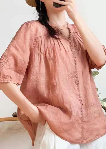 Stylish Orange V Neck Embroidered Summer Ramie Shirts Half Sleeve