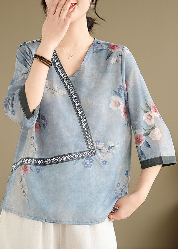 Blue V Neck Print Patchwork Cotton Tops Summer