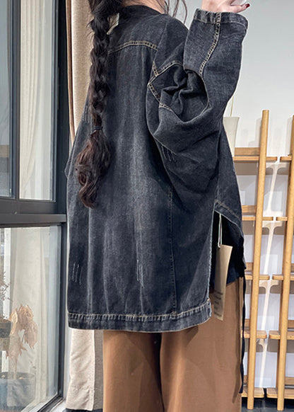 Black Peter Pan Collar Button Pockets Denim Coats Long Sleeve