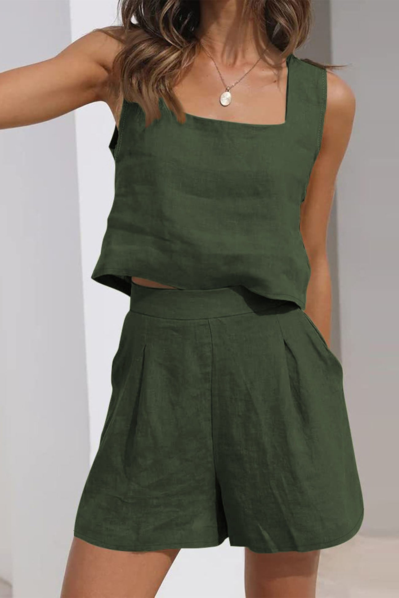 Tank Top Square Neck Pocket Shorts Set