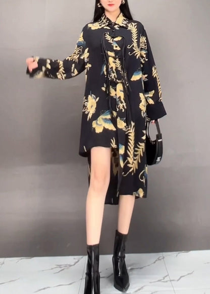 Black Peter Pan Collar Asymmetrical Print Long Dress Fall