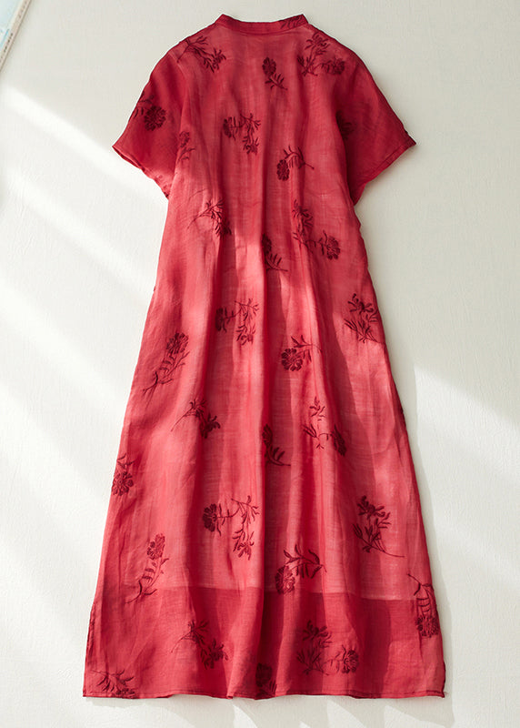 Red Stand Collar Side Open Layered Maxi Dress Short Sleeve