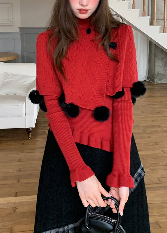 French Red Fuzzy Ball Decorated Cotton Knit Cloak and Sweaters Two-piece Set Fall