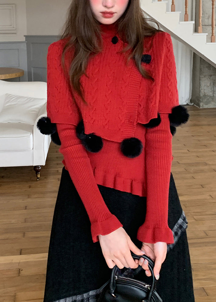 French Red Fuzzy Ball Decorated Cotton Knit Cloak and Sweaters Two-piece Set Fall