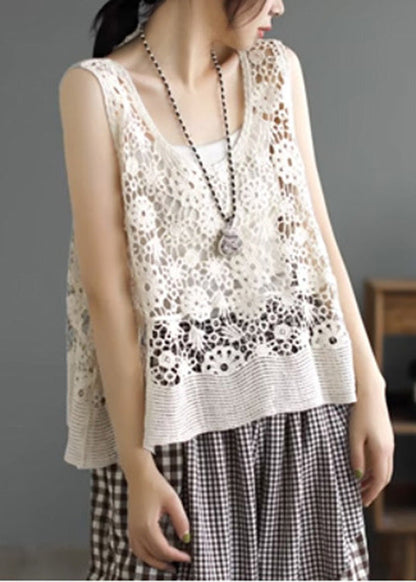 Simple Beige O-neck Patchwork Cotton Vest Sleeveless