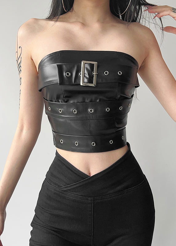 Novelty Black Cold Shoulder Patchwor Faux Leather Top Summer