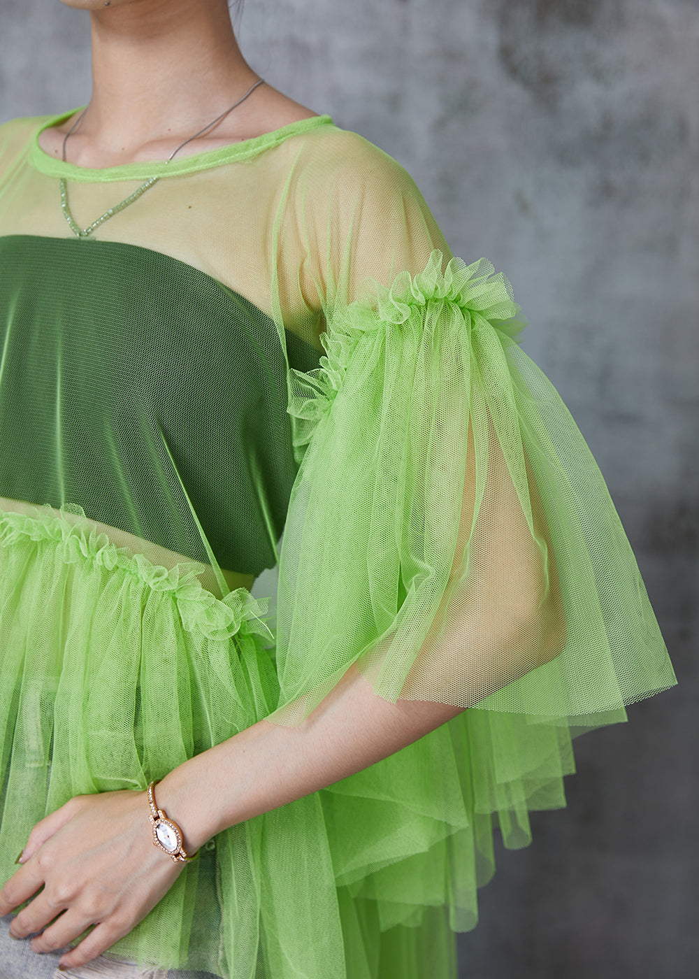 Grass Green Patchwork Tulle Shirt Tops Batwing Sleeve